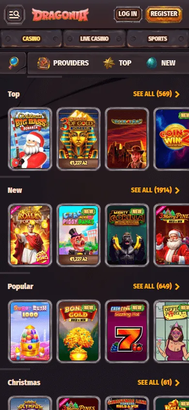 Dragonia Casino mobile browser games area