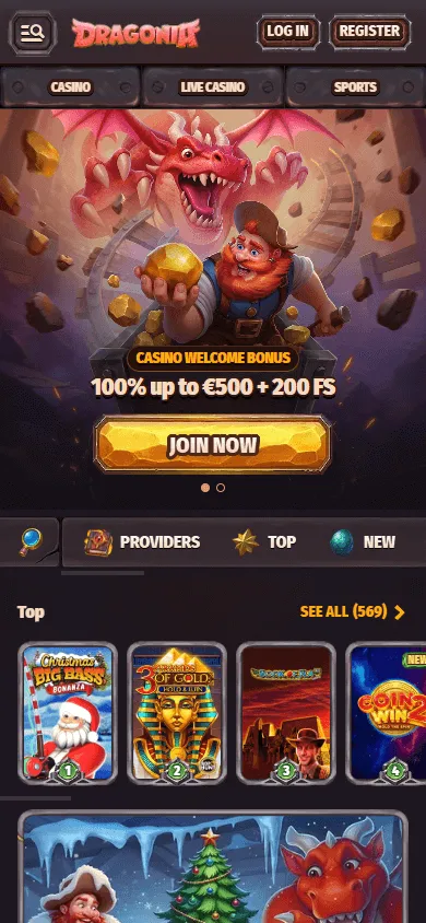 Dragonia Casino mobile browser home page