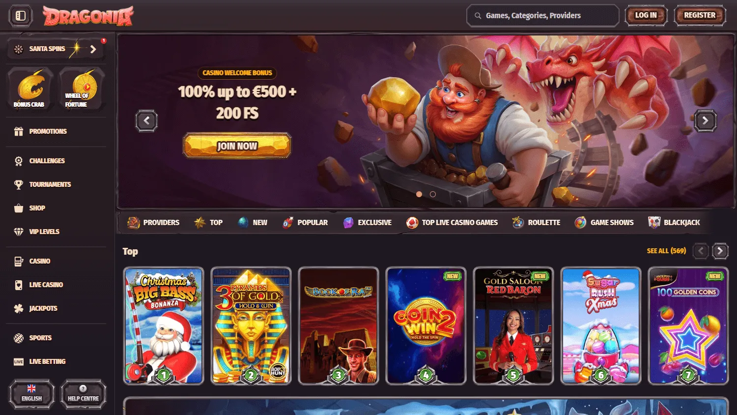 Dragonia Casino desktop home page