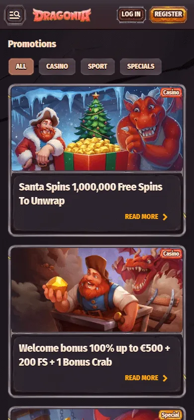 Dragonia Casino mobile browser promotions area