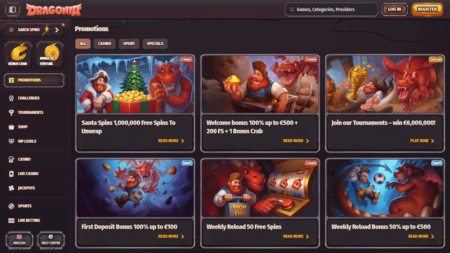 Dragonia Casino desktop promotions area